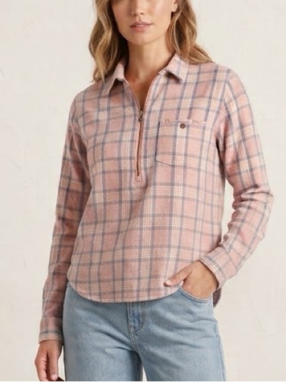 Toad & Co Bodie Dos 1/4 Zip Flannel Shirt Pink Blue Flannel Recycled Materials S